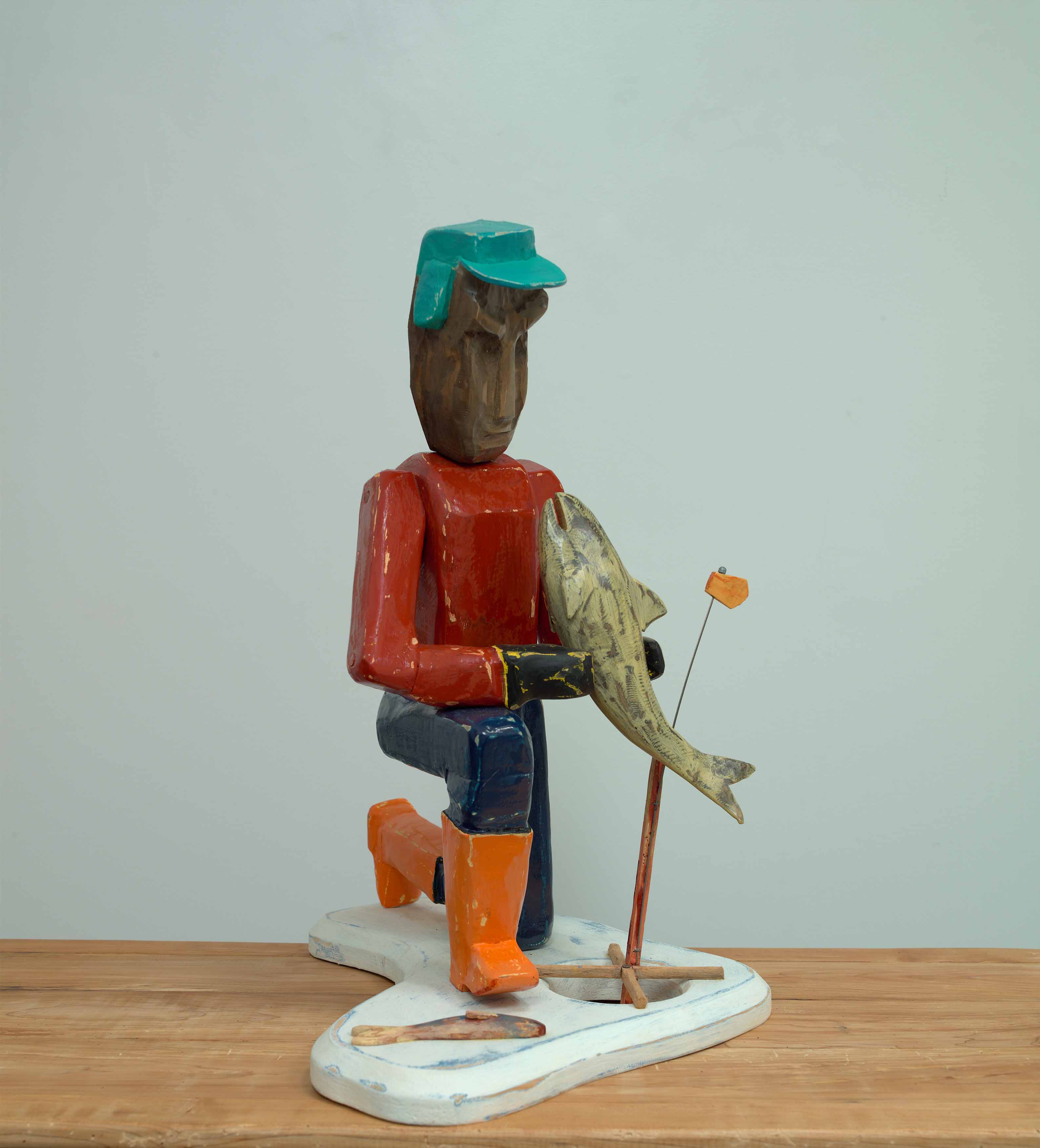 JOHN ATTWOOD  Lucky Catch  2022, pine and oil paint, 24 x 21 x 18 inches