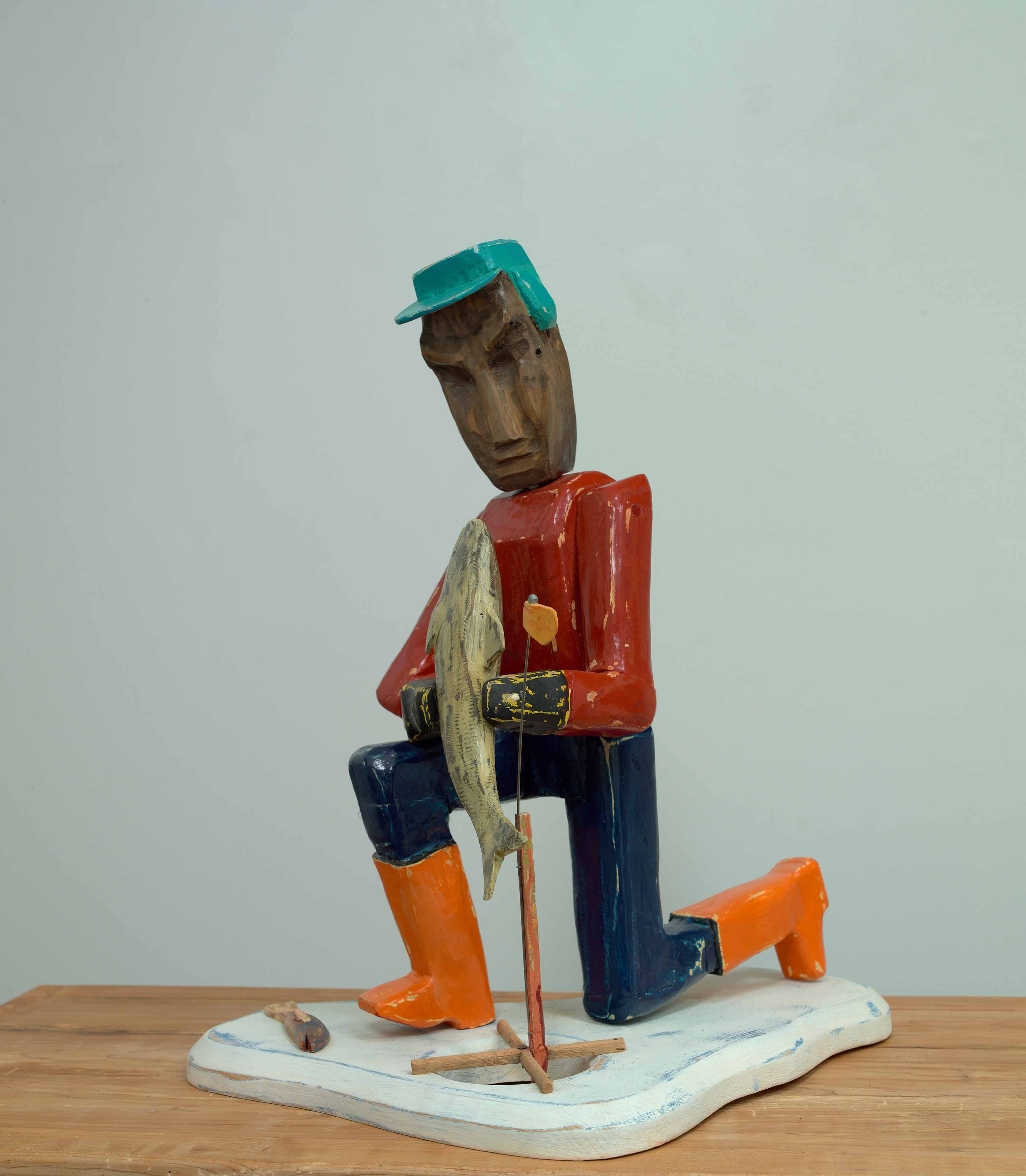 JOHN ATTWOOD, Lucky Catch, 2022, pine and oil paint, 24 x 21 x 18 inches