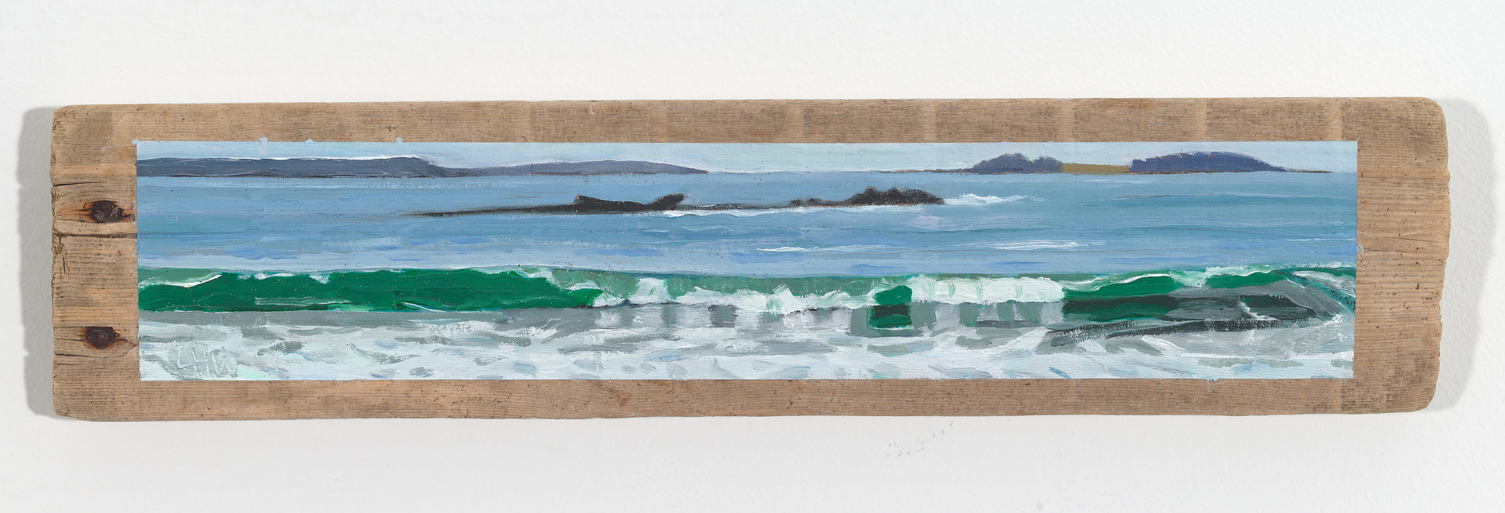 Seal Rock, 2026, oil on driftwood, 3.5 x 15 x 0.75 inches