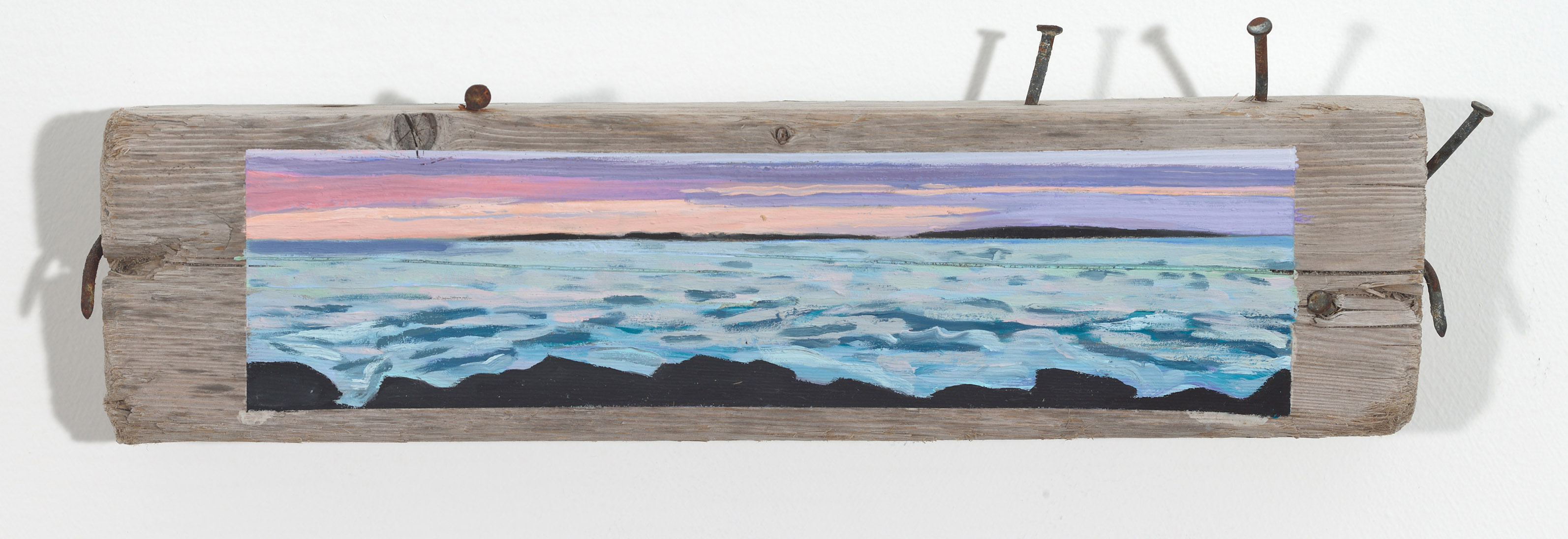 Stratton + Bluff, 2026, oil on driftwood, 4.5 x 15 x 1.75 inches