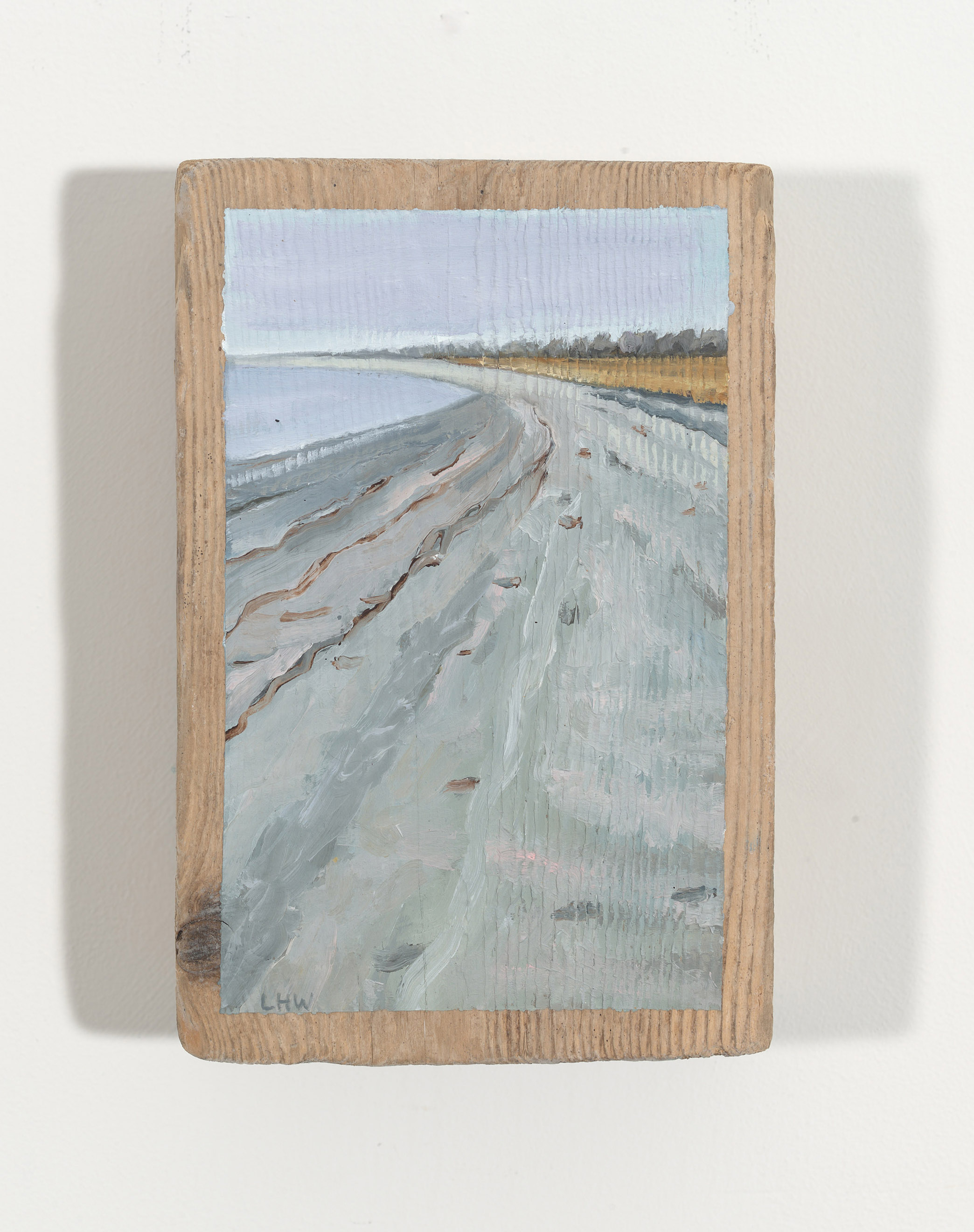 Foggy Beach, 2025, oil on driftwood, 10.25 x 6.75 x 3 inches