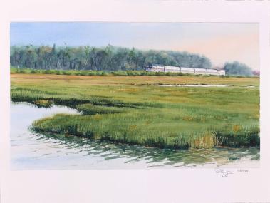 DON ENDRIZZI, Amtrak Downeaster on Scarborough Marsh, 2025, watercolor on paper, 18 x 24 inches