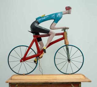 Banana Man, 2024, mixed metal, pine, acrylic paint and electrical cord, 37.5 x 40 x 16 inches Banana Man, 2024, mixed metal, pine, acrylic paint and electrical cord, 37.5 x 40 x 16 inches