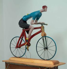 JOHN ATTWOOD, Banana Man, 2024, mixed metal, pine, acrylic paint and electrical cord, 37.5 x 40 x 16 inches