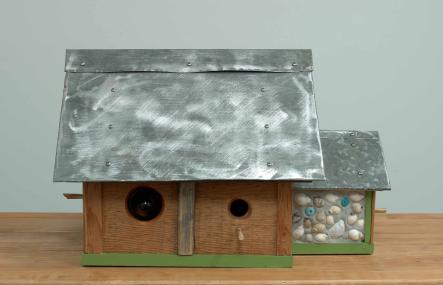 Home Sweet Home, 2024, wood, sheet metal and ceramic beach art, 12.75 x 15.5 x 21.25 inches