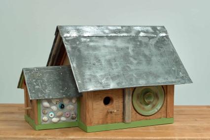 Home Sweet Home, 2024, wood, sheet metal and ceramic beach art, 12.75 x 15.5 x 21.25 inches