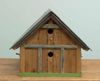 Home Sweet Home, 2024, wood, sheet metal and ceramic beach art, 12.75 x 15.5 x 21.25 inches