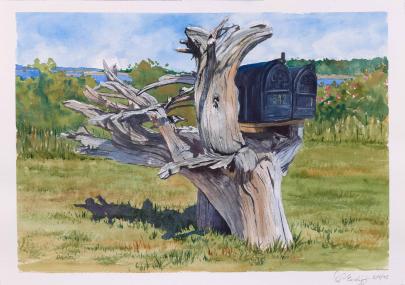 Mailboxes - Black Point Road, 2025, watercolor on paper, 12 x 18 inches